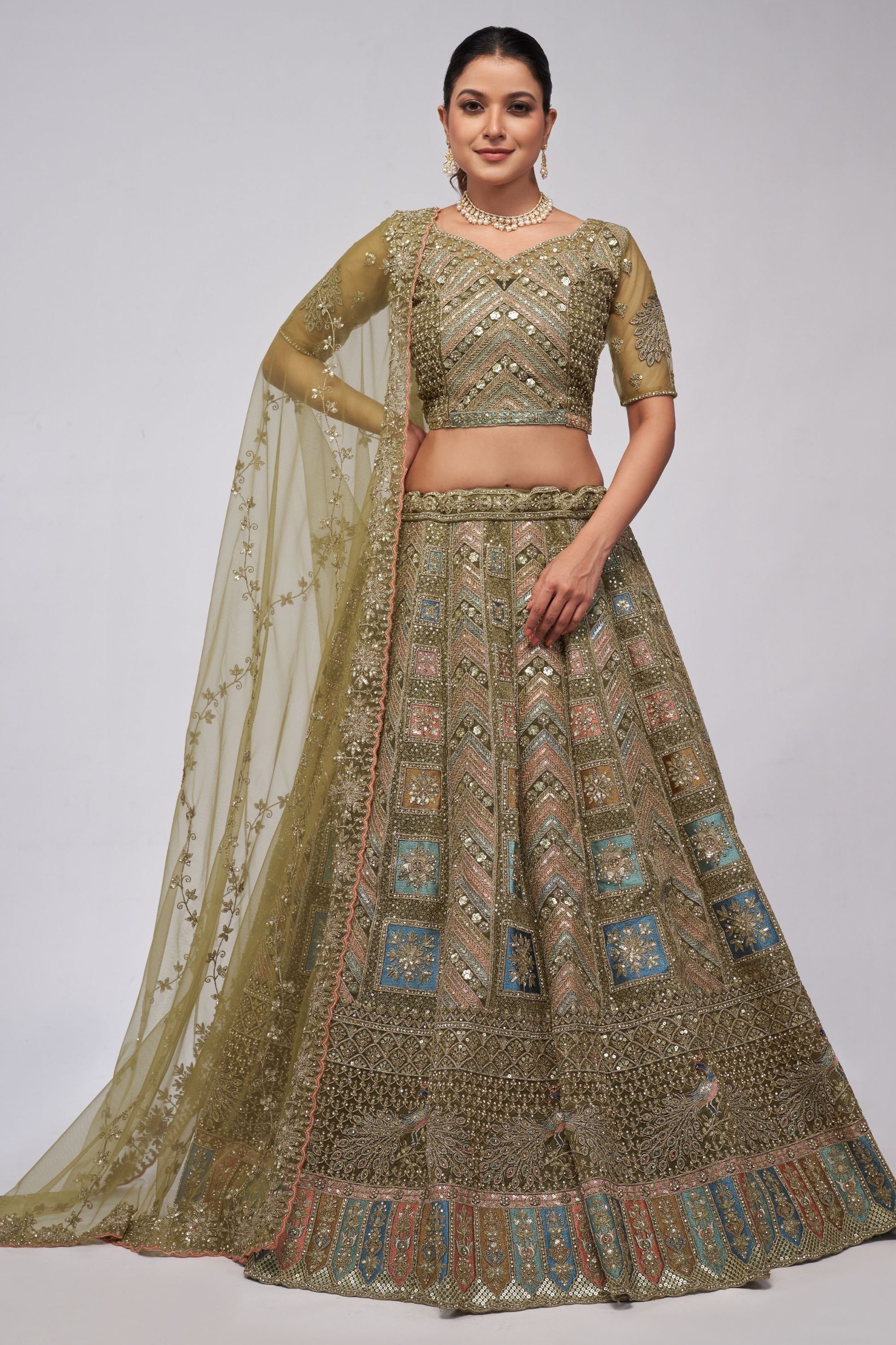 Olive Green Soft Net Lehenga Choli For Indian Festivals & Weddings - Sequins Work, Dori Work, Zarkan Work, Thread Work