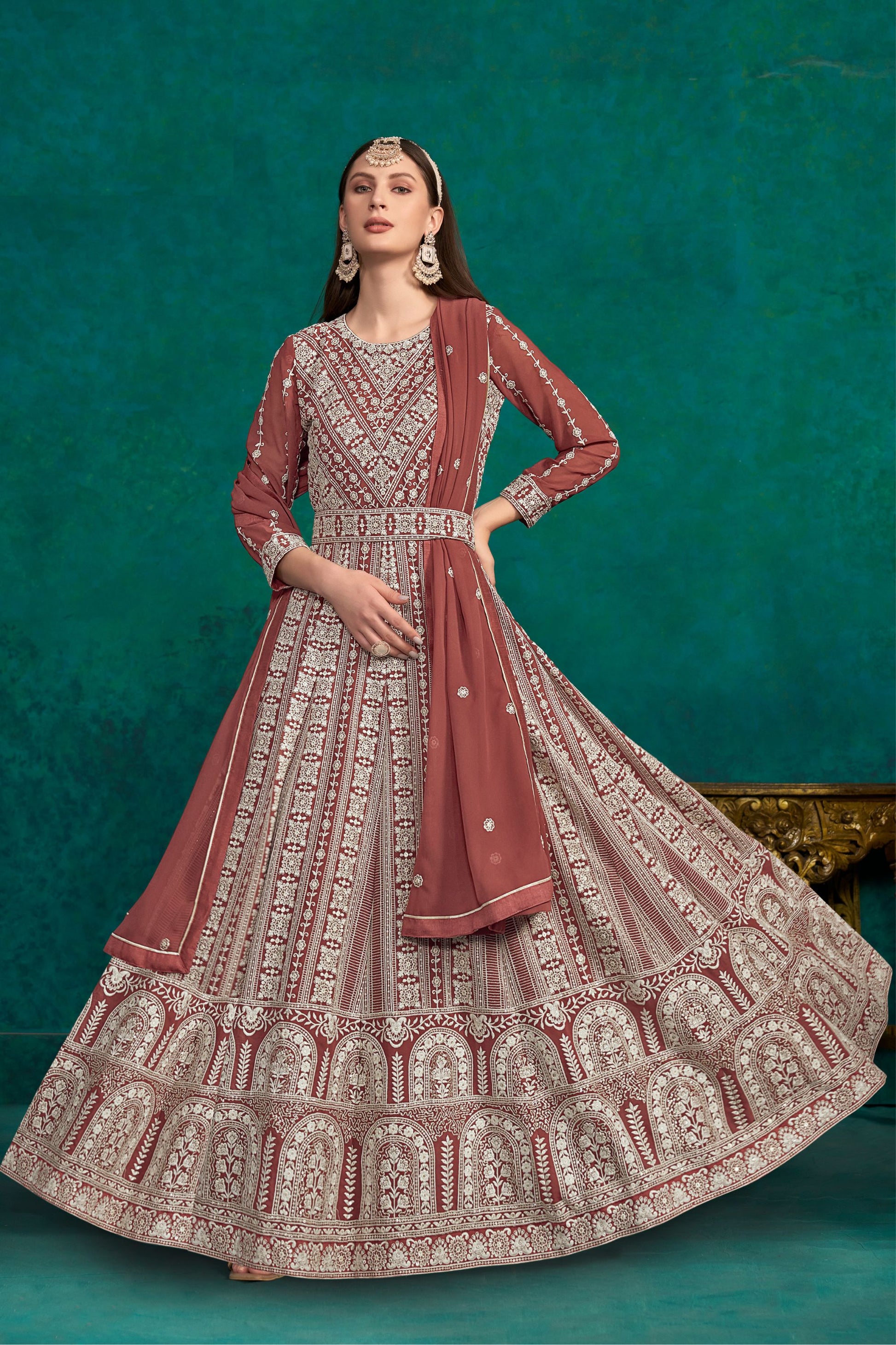 Brown Georgette Full Floor Length Anarkali Dress For Indian Festivals & Weddings - Lucknowi Work