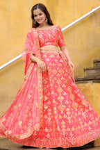 Peach Slub Silk Lehenga Choli For Indian & Pakistani Wedding Festival - Sequence Embroidery Work, Zari Work