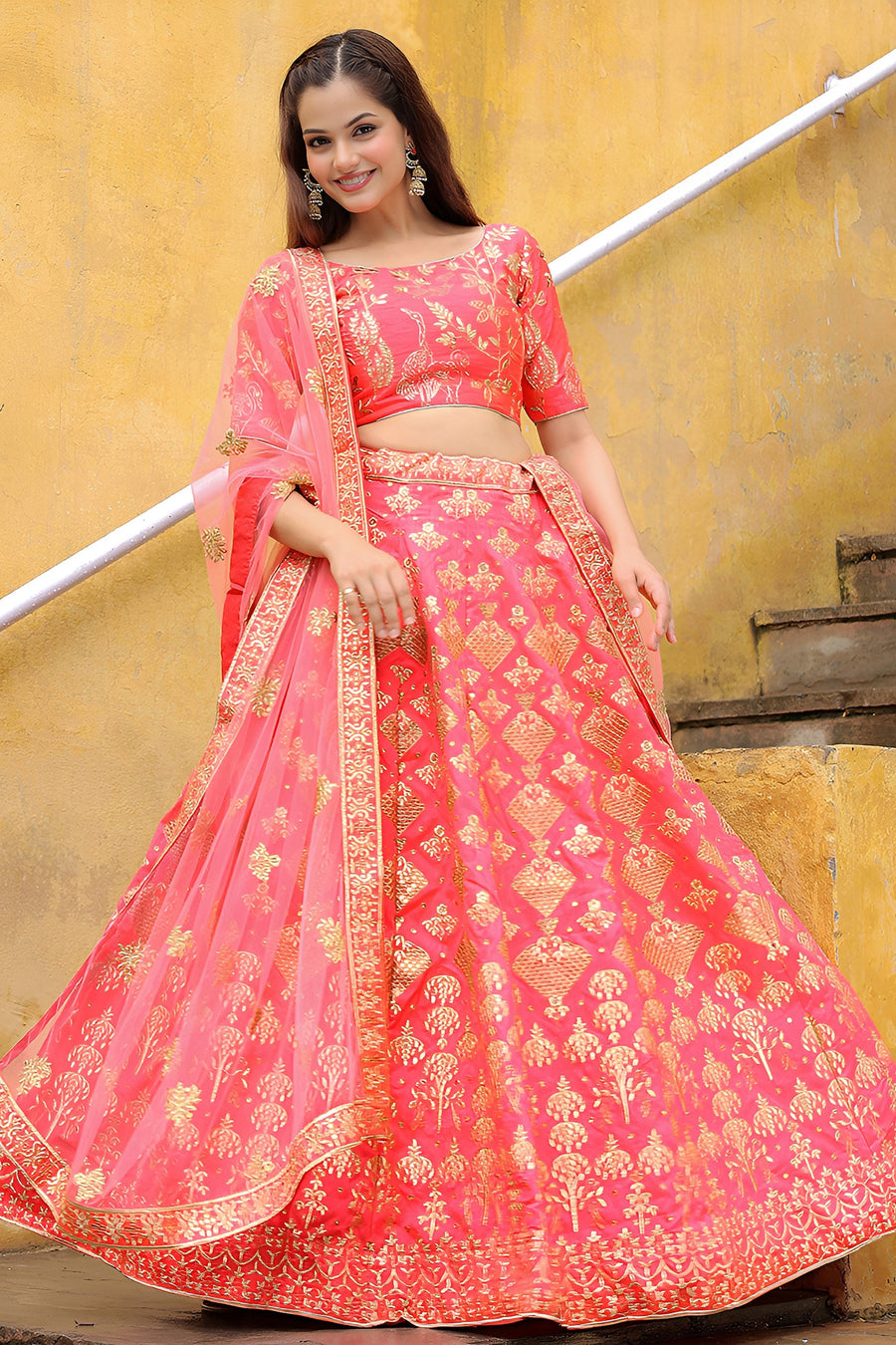 Peach Slub Silk Lehenga Choli For Indian & Pakistani Wedding Festival - Sequence Embroidery Work, Zari Work