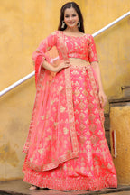 Peach Slub Silk Lehenga Choli For Indian & Pakistani Wedding Festival - Sequence Embroidery Work, Zari Work