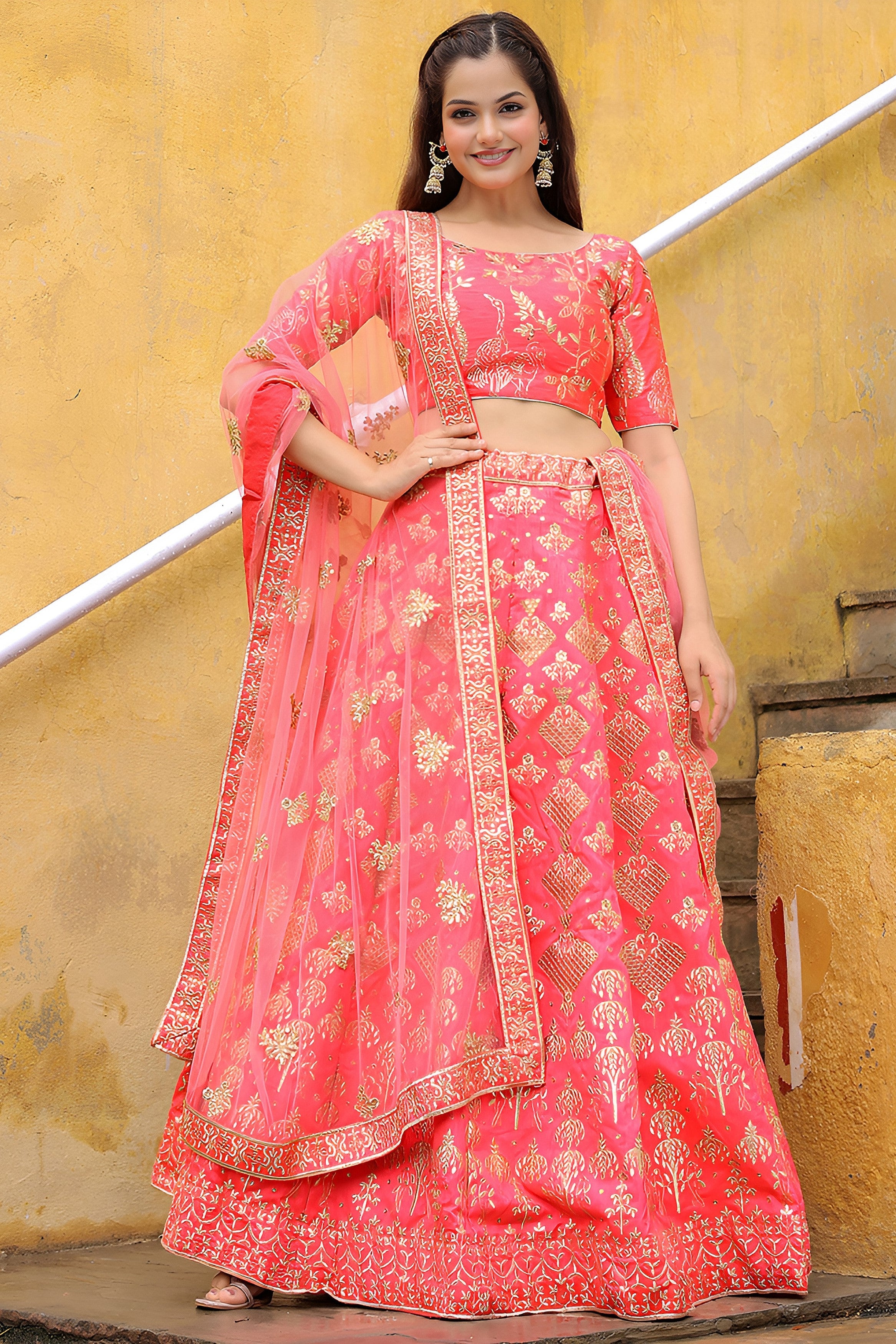 Peach Slub Silk Lehenga Choli For Indian & Pakistani Wedding Festival - Sequence Embroidery Work, Zari Work