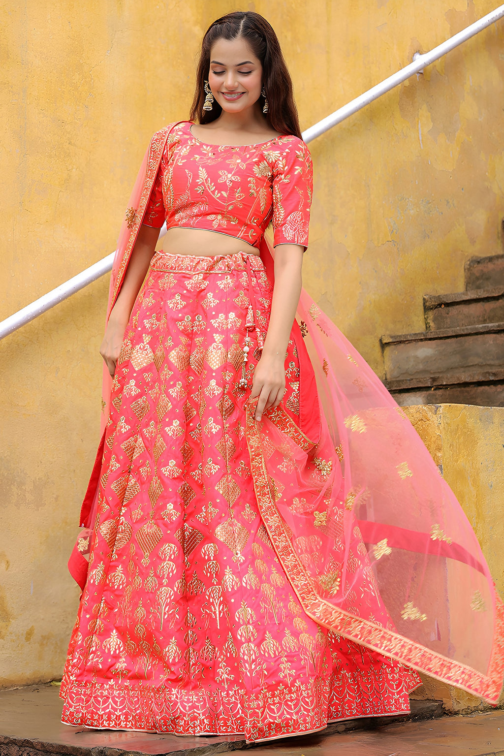 Peach Slub Silk Lehenga Choli For Indian & Pakistani Wedding Festival - Sequence Embroidery Work, Zari Work