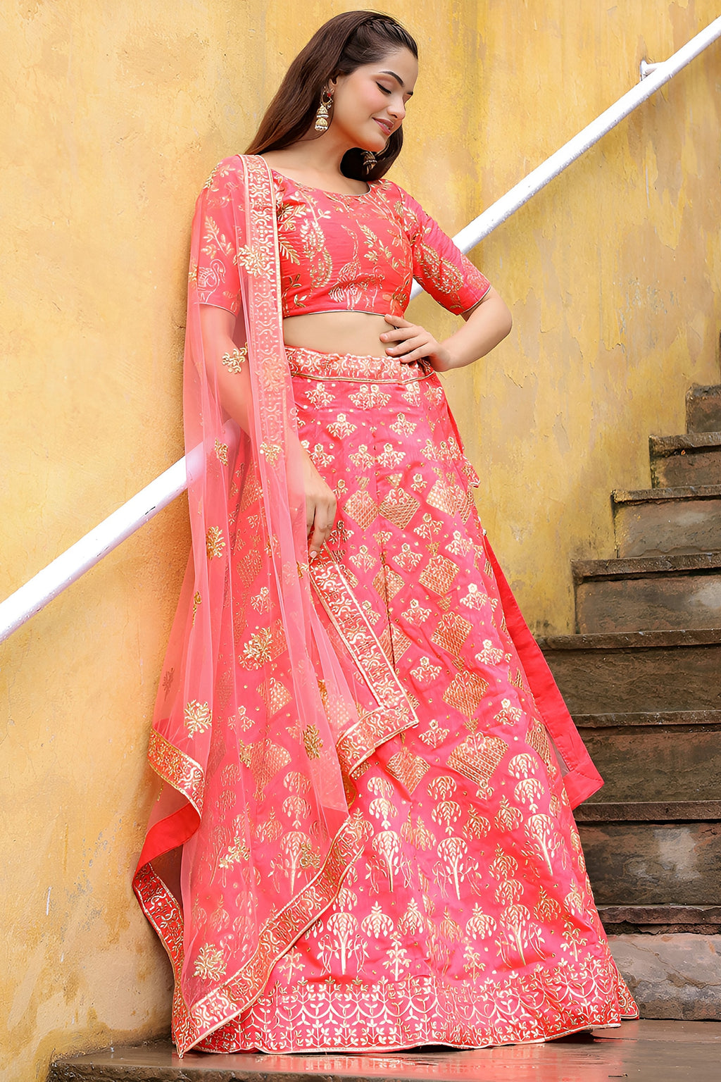 Peach Slub Silk Lehenga Choli For Indian & Pakistani Wedding Festival - Sequence Embroidery Work, Zari Work