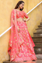 Peach Slub Silk Lehenga Choli For Indian & Pakistani Wedding Festival - Sequence Embroidery Work, Zari Work
