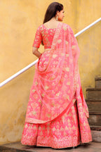 Peach Slub Silk Lehenga Choli For Indian & Pakistani Wedding Festival - Sequence Embroidery Work, Zari Work