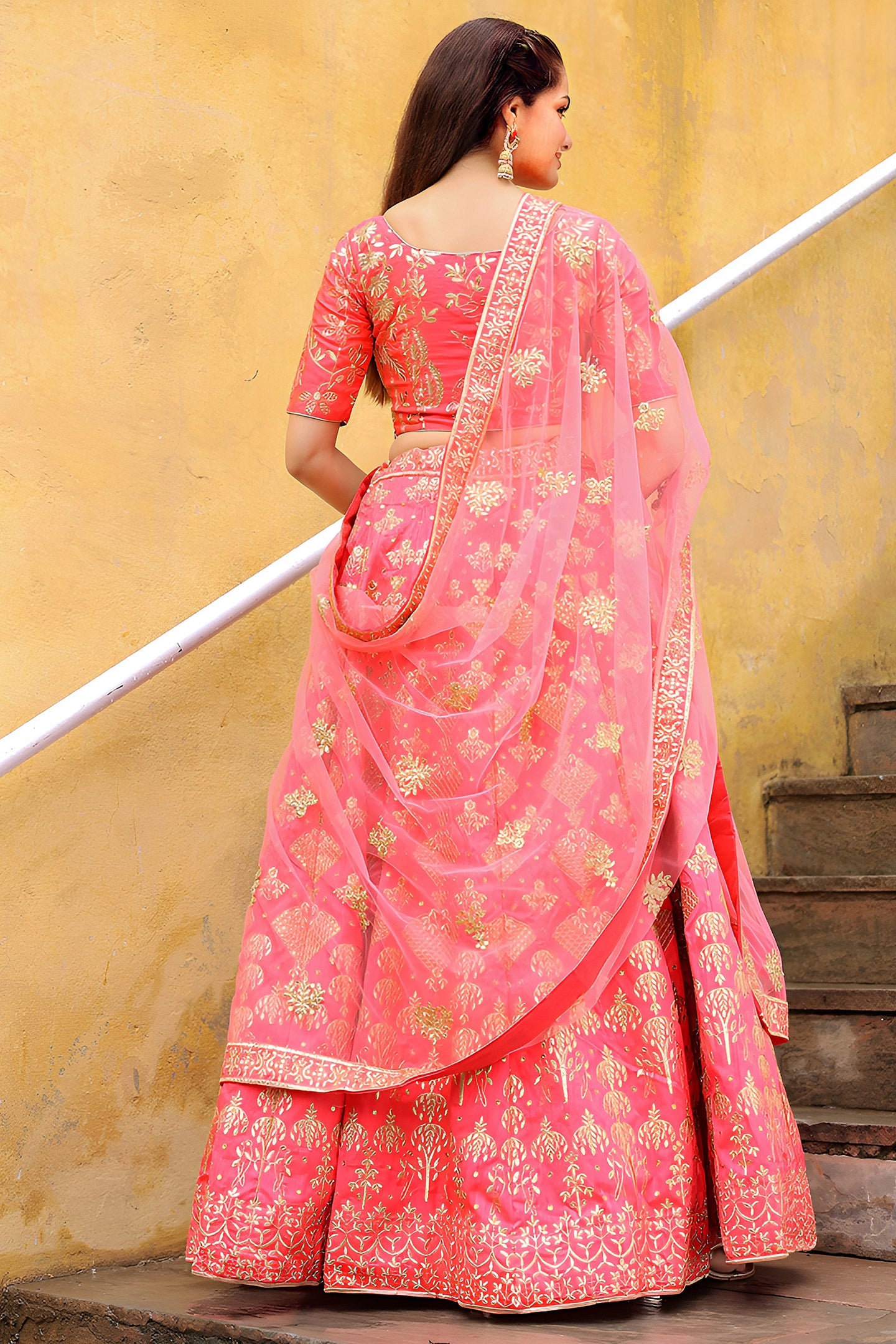 Peach Slub Silk Lehenga Choli For Indian & Pakistani Wedding Festival - Sequence Embroidery Work, Zari Work