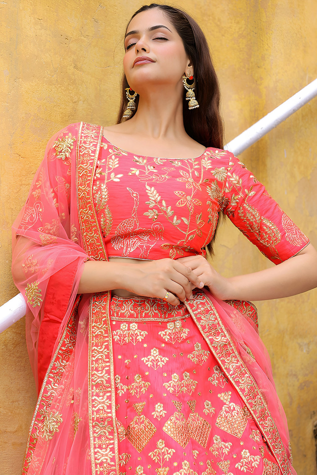 Peach Slub Silk Lehenga Choli For Indian & Pakistani Wedding Festival - Sequence Embroidery Work, Zari Work