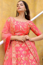 Peach Slub Silk Lehenga Choli For Indian & Pakistani Wedding Festival - Sequence Embroidery Work, Zari Work