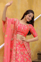Peach Slub Silk Lehenga Choli For Indian & Pakistani Wedding Festival - Sequence Embroidery Work, Zari Work