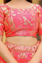 Peach Slub Silk Lehenga Choli For Indian & Pakistani Wedding Festival - Sequence Embroidery Work, Zari Work