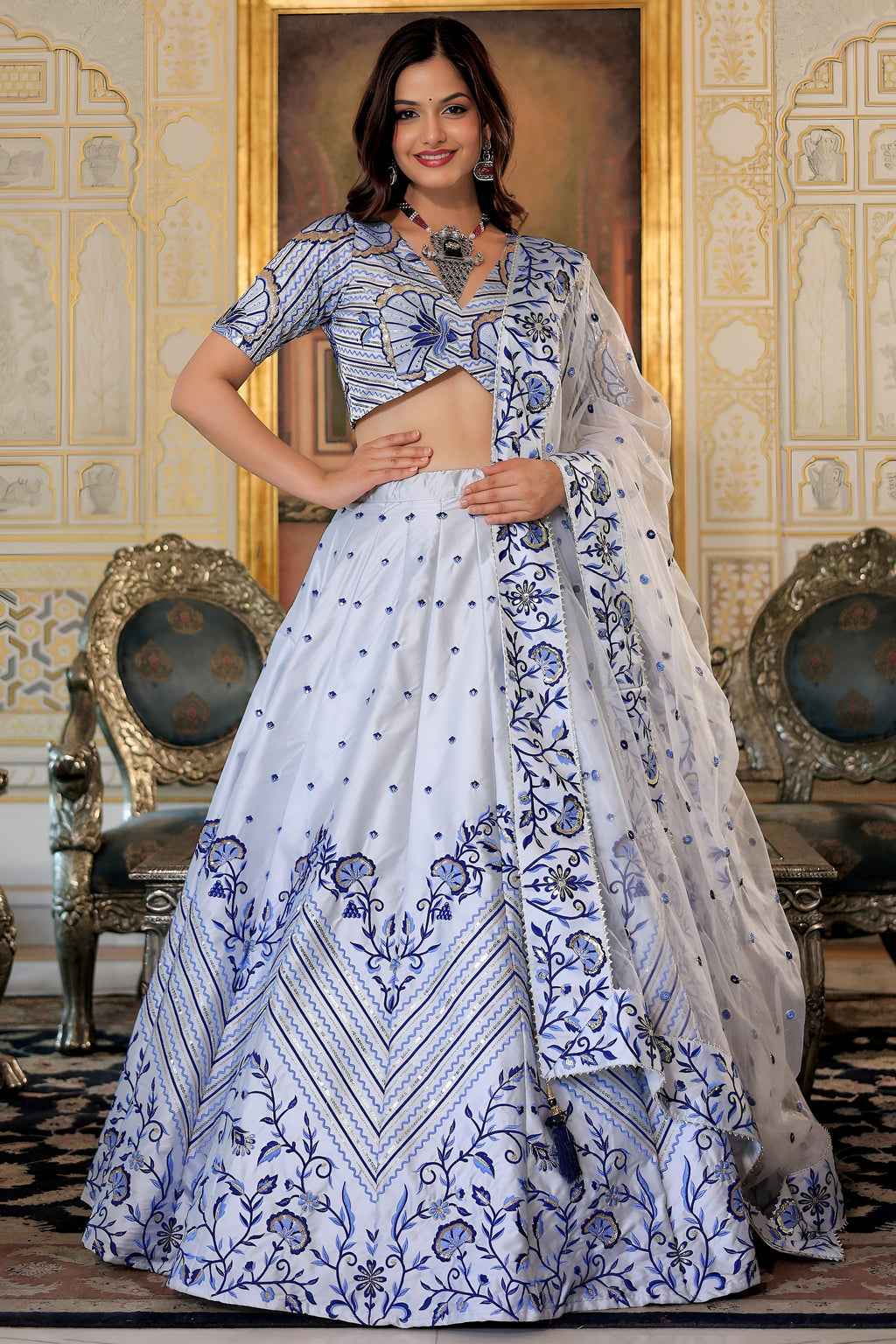 White Satin Lehenga Choli For Indian & Pakistani Wedding Festival - Thread & Sequins Embroidery Work