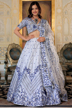White Satin Lehenga Choli For Indian & Pakistani Wedding Festival - Thread & Sequins Embroidery Work