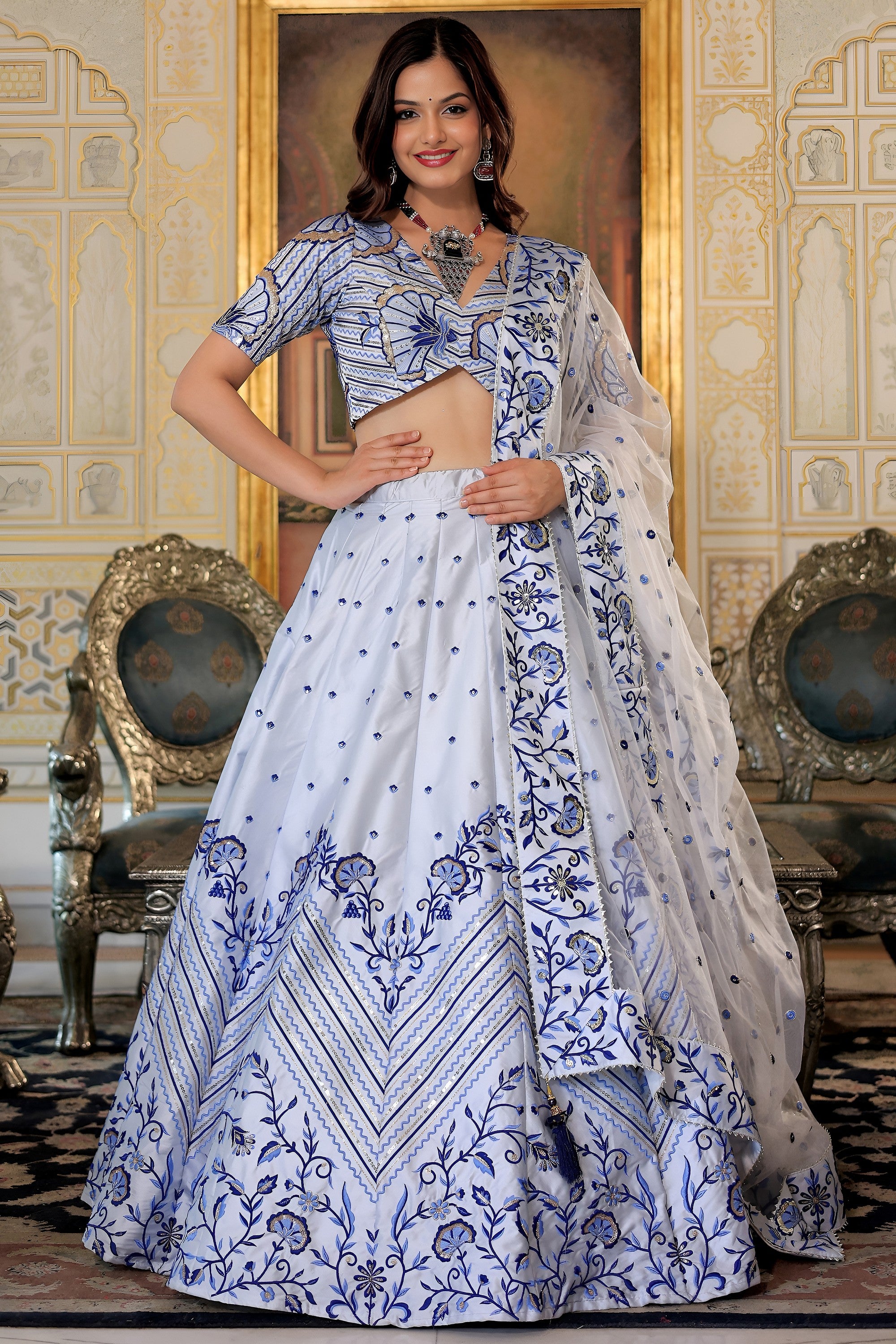 White Satin Lehenga Choli For Indian & Pakistani Wedding Festival - Thread & Sequins Embroidery Work