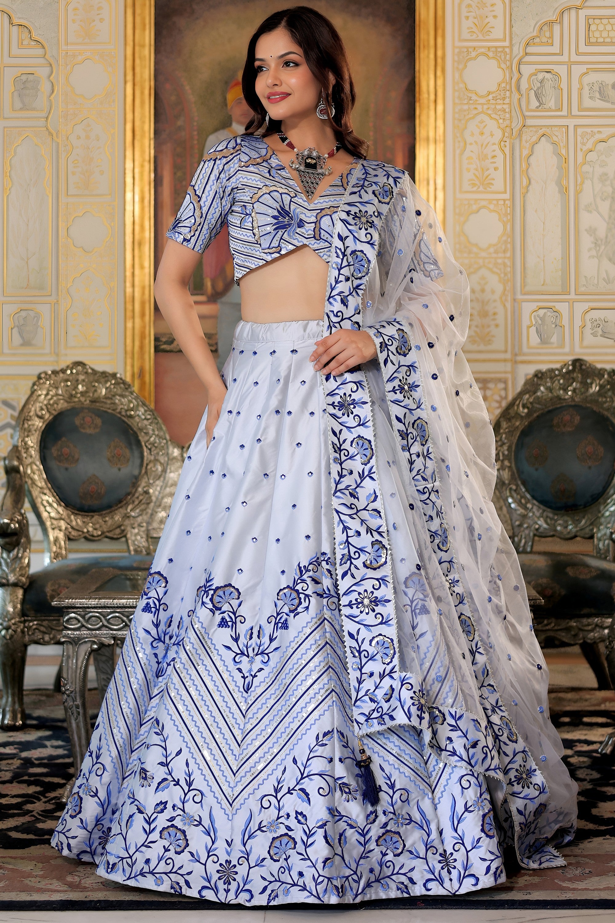 White Satin Lehenga Choli For Indian & Pakistani Wedding Festival - Thread & Sequins Embroidery Work