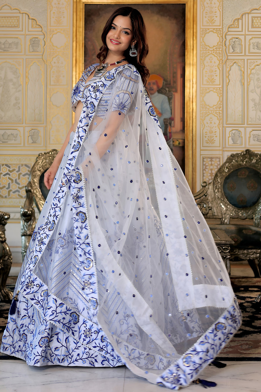 White Satin Lehenga Choli For Indian & Pakistani Wedding Festival - Thread & Sequins Embroidery Work