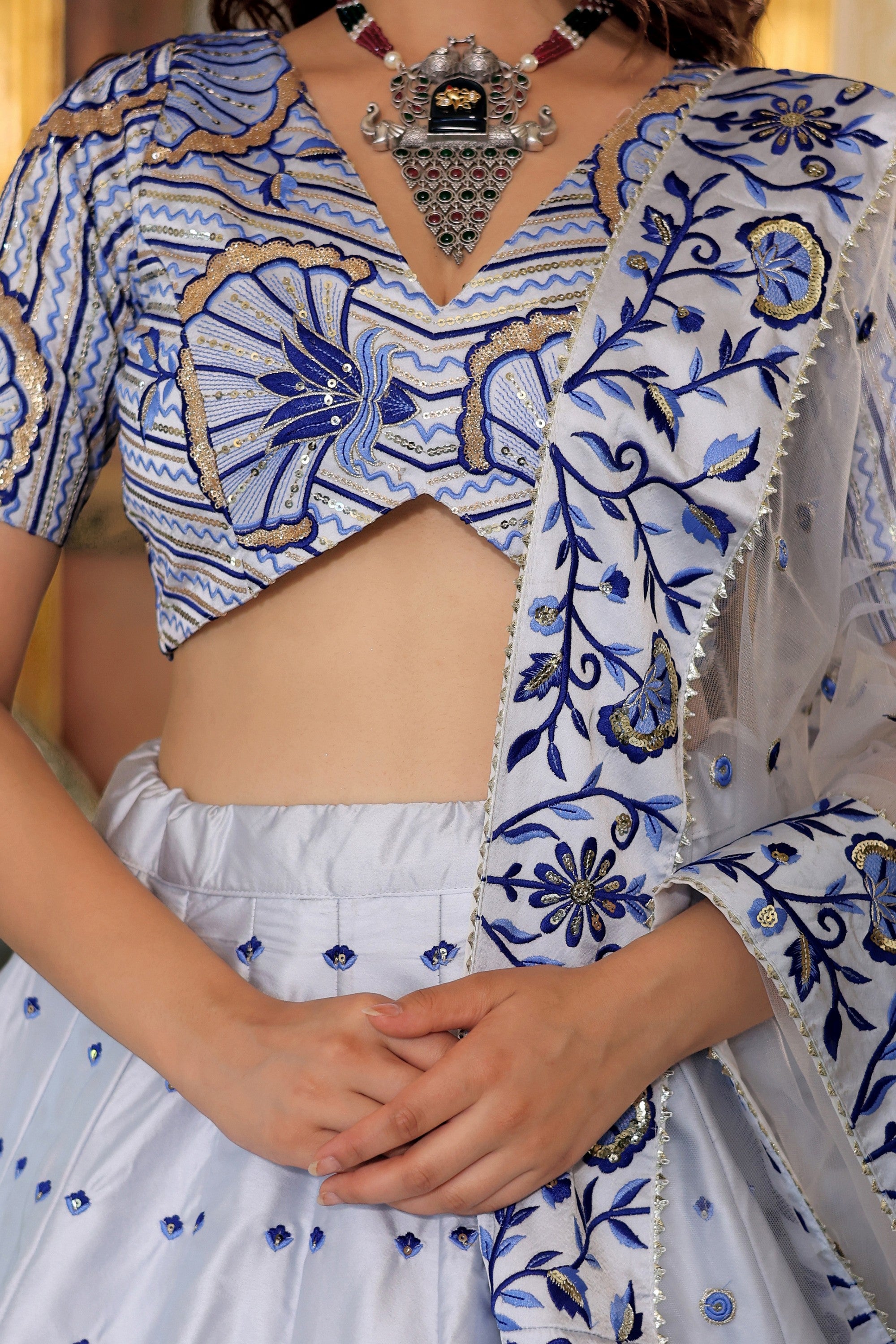 White Satin Lehenga Choli For Indian & Pakistani Wedding Festival - Thread & Sequins Embroidery Work