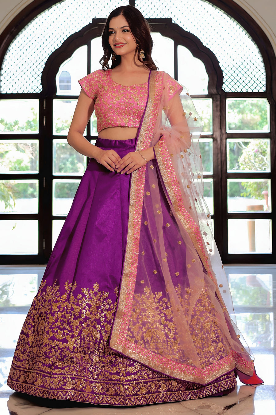 Purple Mulberry Silk Lehenga Choli For Indian & Pakistani Wedding Festival - Zari Work, Dori Work, Sequence Embroidery Work