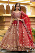 Maroon Art Silk Lehenga Choli For Indian & Pakistani Wedding Festival - Sequence Embroidery Work, Zari Work