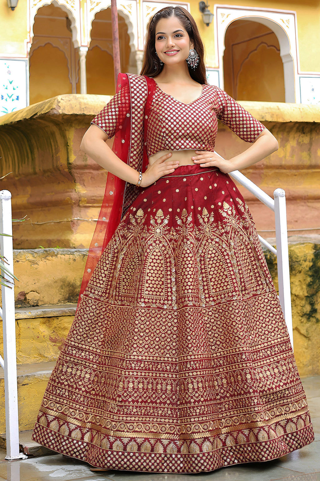Maroon Art Silk Lehenga Choli For Indian & Pakistani Wedding Festival - Sequence Embroidery Work, Zari Work