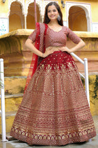Maroon Art Silk Lehenga Choli For Indian & Pakistani Wedding Festival - Sequence Embroidery Work, Zari Work