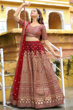 Maroon Art Silk Lehenga Choli For Indian & Pakistani Wedding Festival - Sequence Embroidery Work, Zari Work