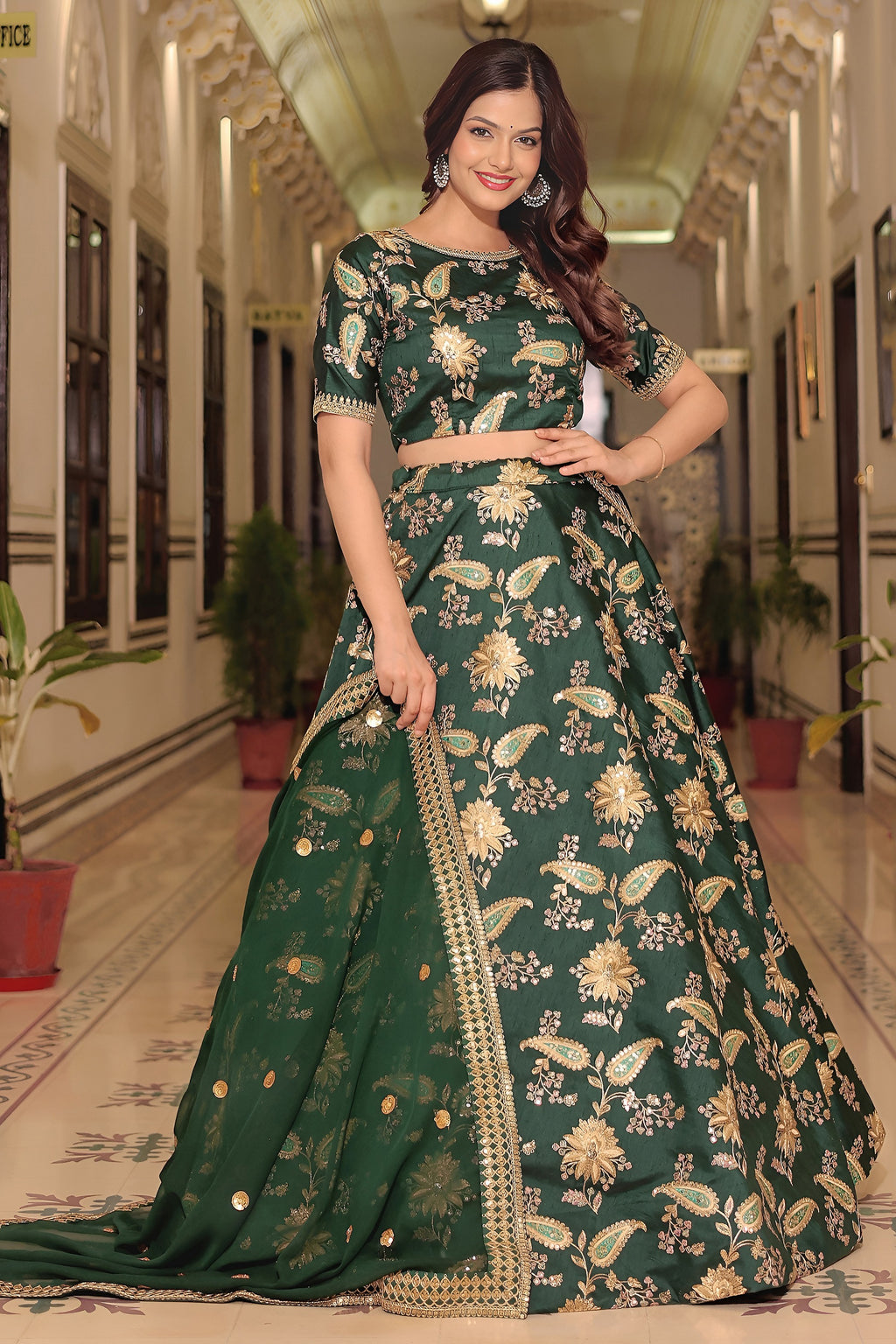 Olive Green Art Silk Lehenga Choli For Indian & Pakistani Wedding Festival - Thread & Sequence Embroidery Work, Dori Work, Zari Work