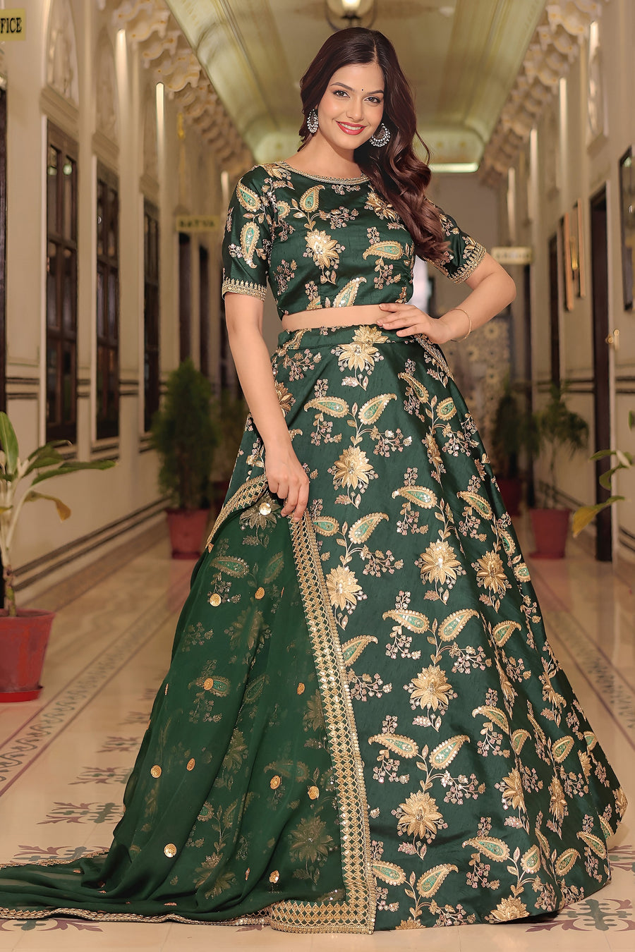 Olive Green Art Silk Lehenga Choli For Indian & Pakistani Wedding Festival - Thread & Sequence Embroidery Work, Dori Work, Zari Work