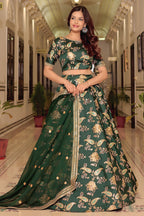 Olive Green Art Silk Lehenga Choli For Indian & Pakistani Wedding Festival - Thread & Sequence Embroidery Work, Dori Work, Zari Work
