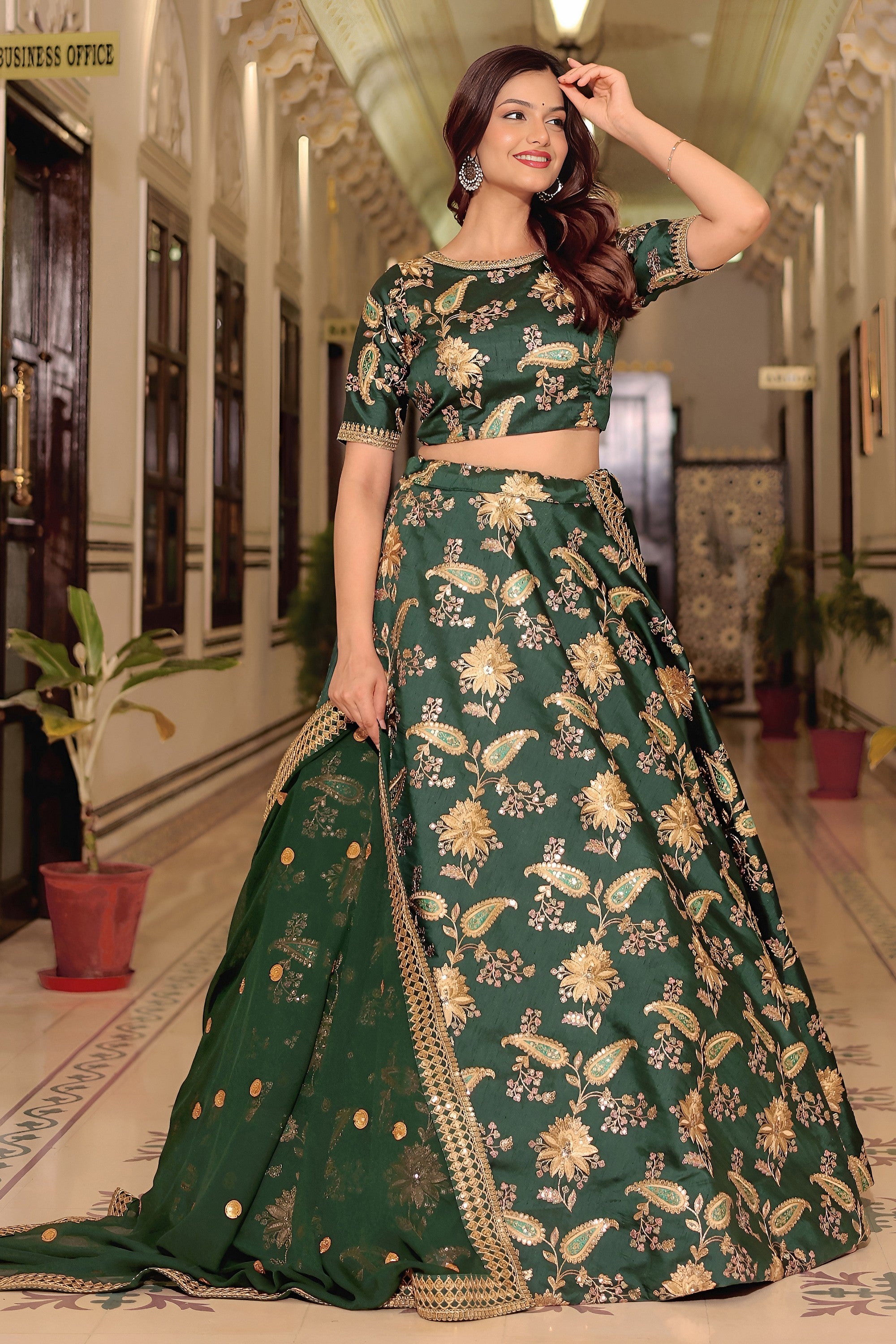 Olive Green Art Silk Lehenga Choli For Indian & Pakistani Wedding Festival - Thread & Sequence Embroidery Work, Dori Work, Zari Work