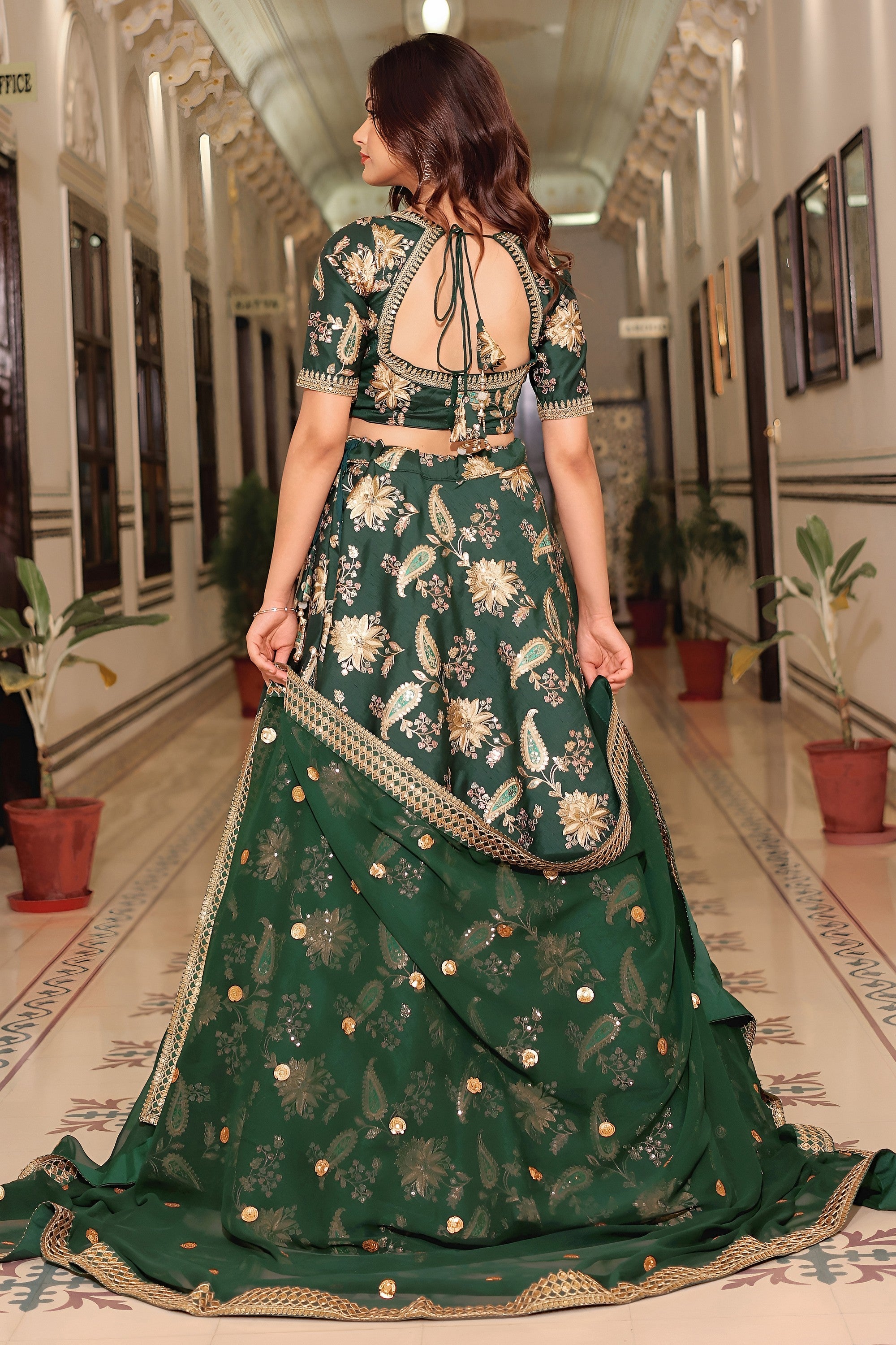 Olive Green Art Silk Lehenga Choli For Indian & Pakistani Wedding Festival - Thread & Sequence Embroidery Work, Dori Work, Zari Work