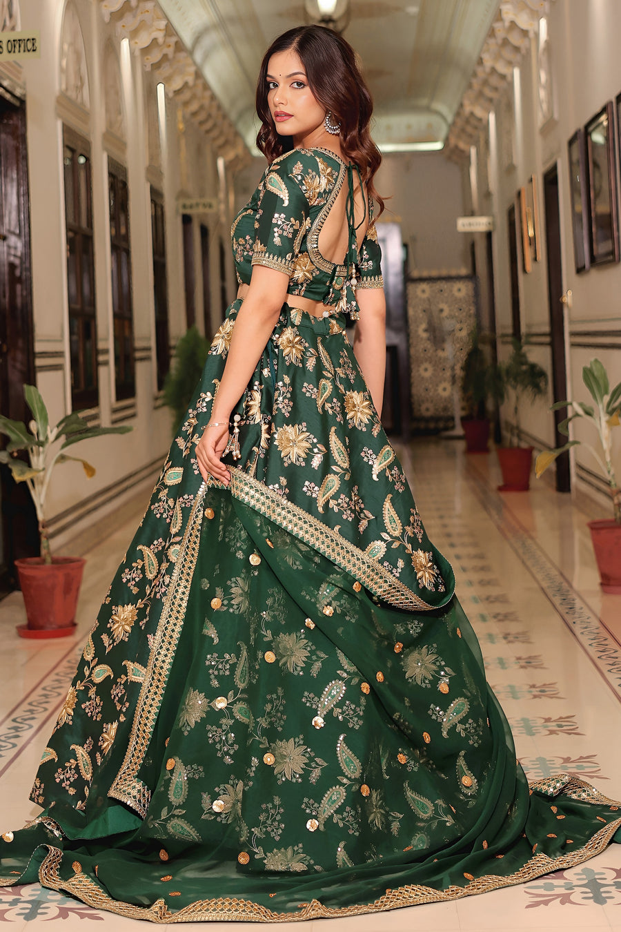 Olive Green Art Silk Lehenga Choli For Indian & Pakistani Wedding Festival - Thread & Sequence Embroidery Work, Dori Work, Zari Work