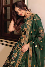 Olive Green Art Silk Lehenga Choli For Indian & Pakistani Wedding Festival - Thread & Sequence Embroidery Work, Dori Work, Zari Work