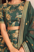Olive Green Art Silk Lehenga Choli For Indian & Pakistani Wedding Festival - Thread & Sequence Embroidery Work, Dori Work, Zari Work