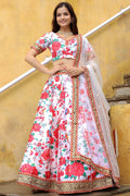 White Art Silk Floral Lehenga Choli For Indian & Pakistani Wedding Festival - Print Work, Zari Work, Sequence Embroidery Work