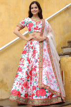 White Art Silk Floral Lehenga Choli For Indian & Pakistani Wedding Festival - Print Work, Zari Work, Sequence Embroidery Work