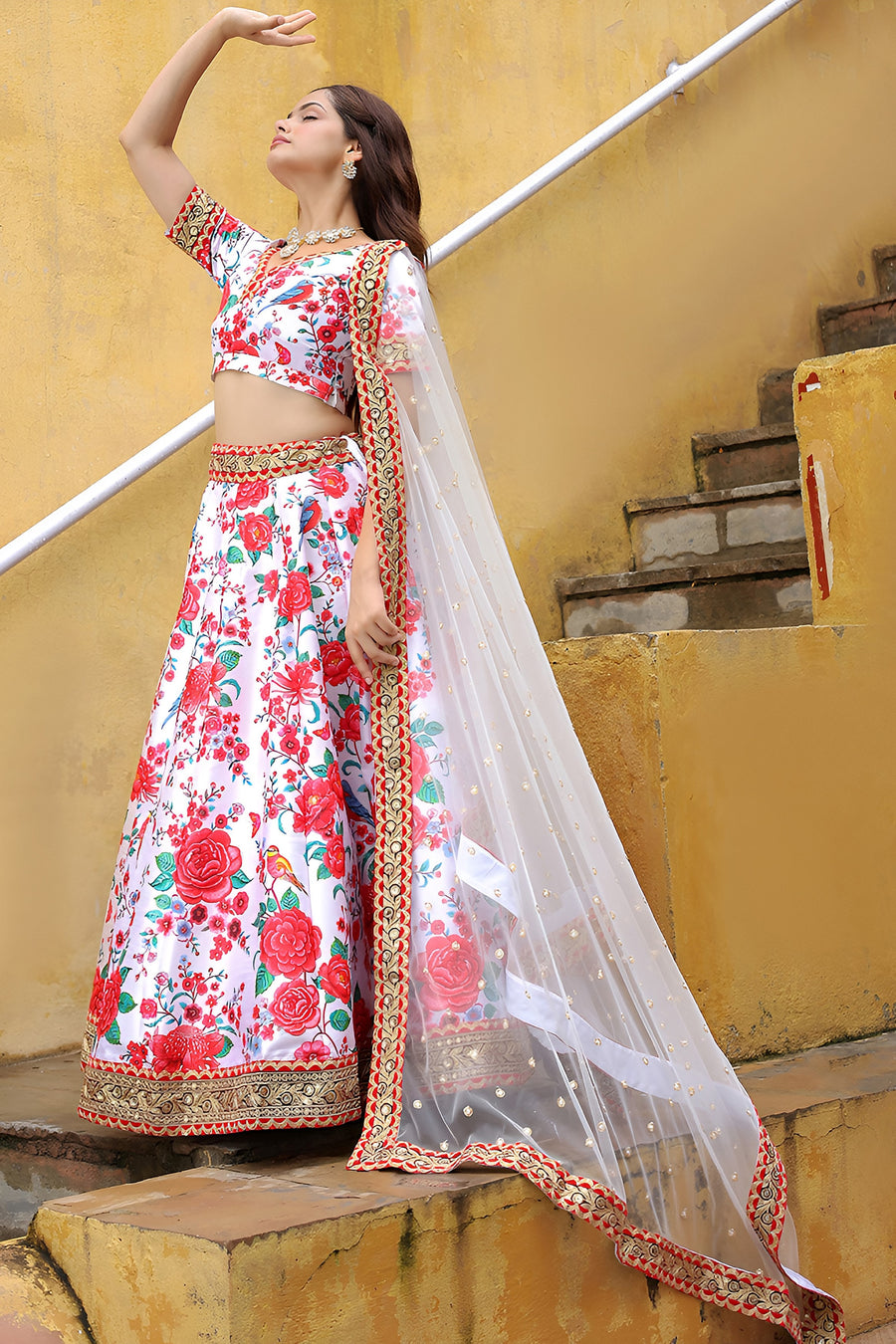 White Art Silk Floral Lehenga Choli For Indian & Pakistani Wedding Festival - Print Work, Zari Work, Sequence Embroidery Work