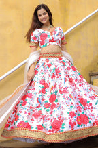 White Art Silk Floral Lehenga Choli For Indian & Pakistani Wedding Festival - Print Work, Zari Work, Sequence Embroidery Work