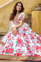 White Art Silk Floral Lehenga Choli For Indian & Pakistani Wedding Festival - Print Work, Zari Work, Sequence Embroidery Work