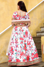 White Art Silk Floral Lehenga Choli For Indian & Pakistani Wedding Festival - Print Work, Zari Work, Sequence Embroidery Work