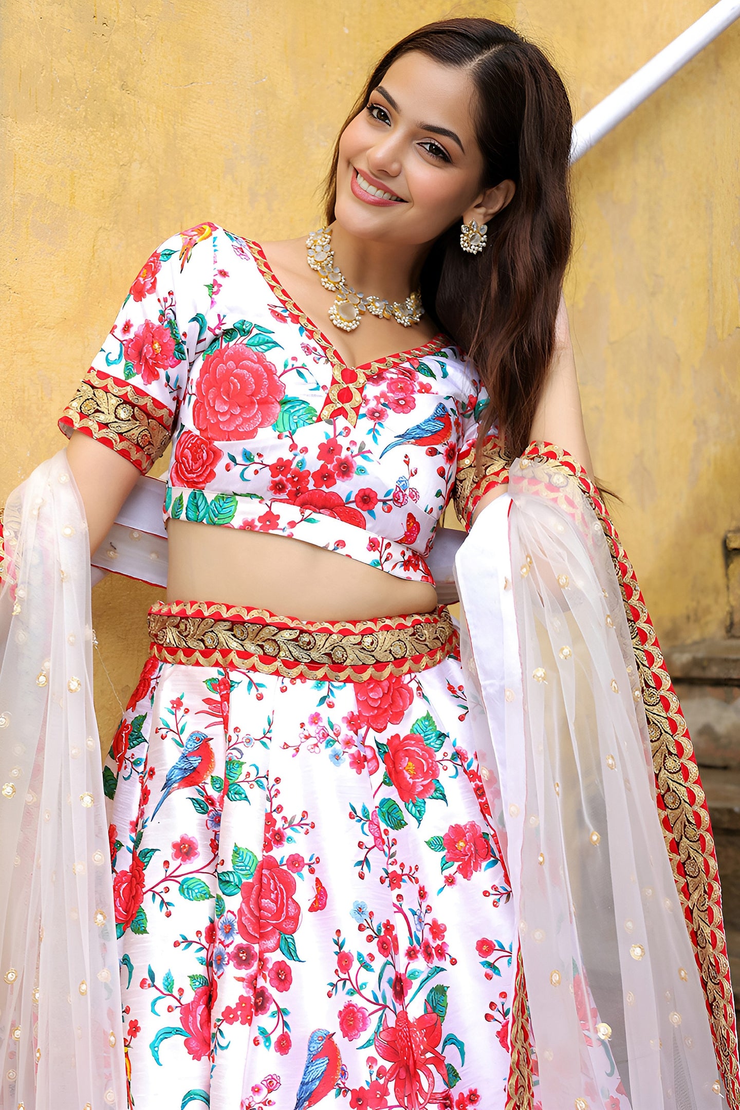 White Art Silk Floral Lehenga Choli For Indian & Pakistani Wedding Festival - Print Work, Zari Work, Sequence Embroidery Work