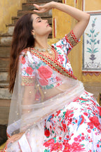 White Art Silk Floral Lehenga Choli For Indian & Pakistani Wedding Festival - Print Work, Zari Work, Sequence Embroidery Work