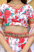 White Art Silk Floral Lehenga Choli For Indian & Pakistani Wedding Festival - Print Work, Zari Work, Sequence Embroidery Work