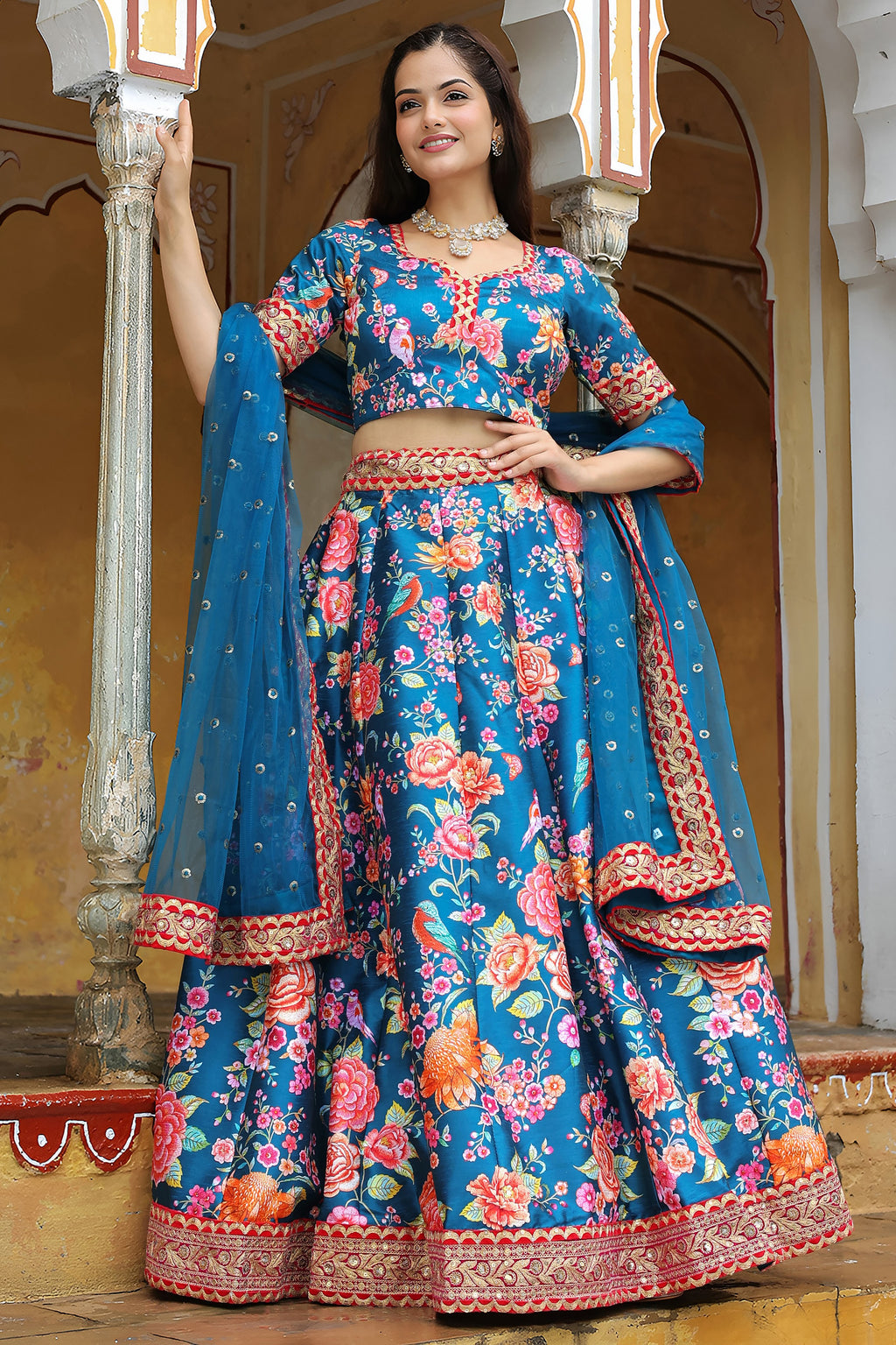 Blue Art Silk Floral Lehenga Choli For Indian & Pakistani Wedding Festival - Zari Work, Sequence Embroidery Work, Print Work