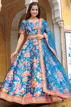 Blue Art Silk Floral Lehenga Choli For Indian & Pakistani Wedding Festival - Zari Work, Sequence Embroidery Work, Print Work
