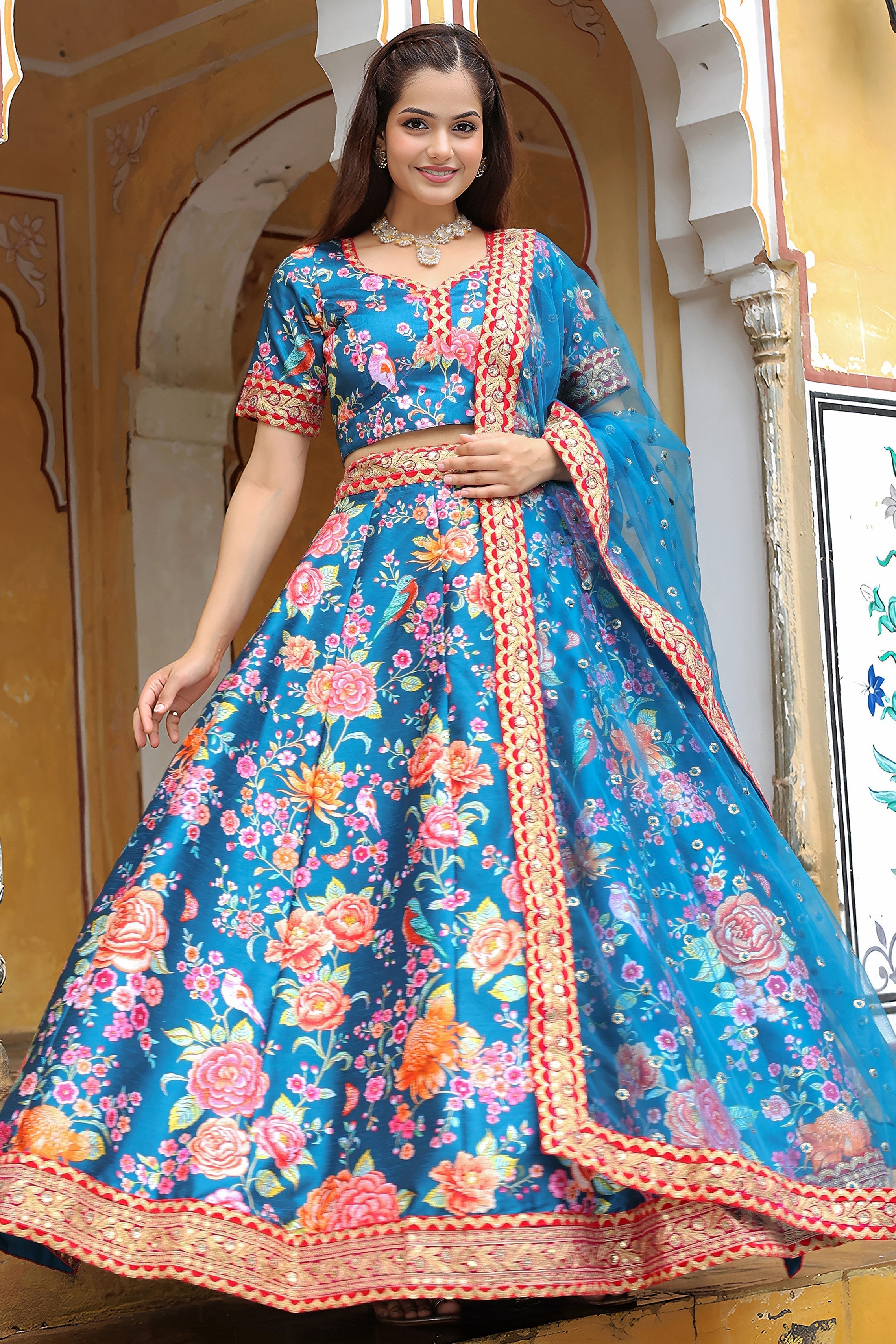 Blue Art Silk Floral Lehenga Choli For Indian & Pakistani Wedding Festival - Zari Work, Sequence Embroidery Work, Print Work