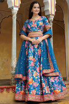 Blue Art Silk Floral Lehenga Choli For Indian & Pakistani Wedding Festival - Zari Work, Sequence Embroidery Work, Print Work