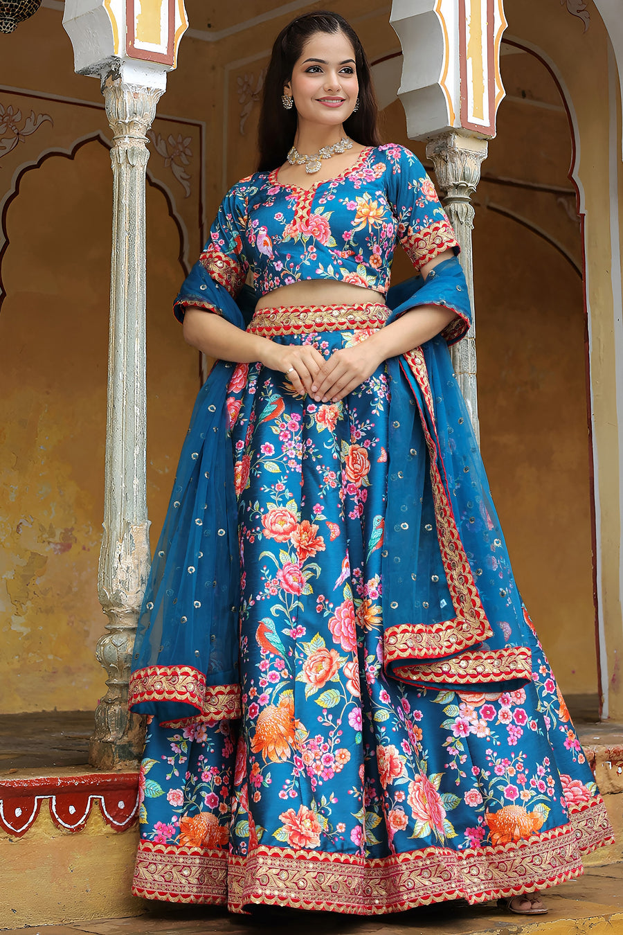 Blue Art Silk Floral Lehenga Choli For Indian & Pakistani Wedding Festival - Zari Work, Sequence Embroidery Work, Print Work