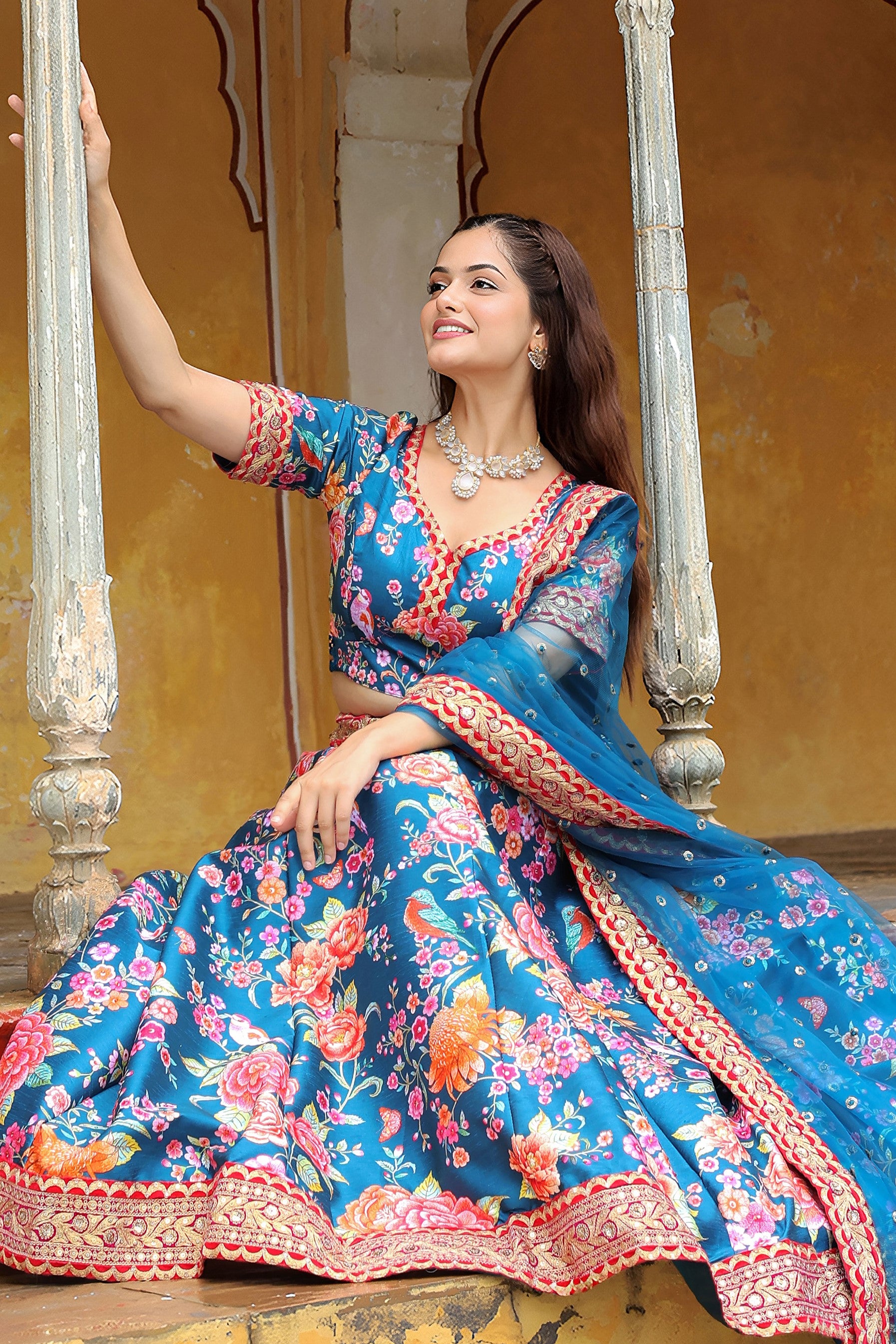 Blue Art Silk Floral Lehenga Choli For Indian & Pakistani Wedding Festival - Zari Work, Sequence Embroidery Work, Print Work