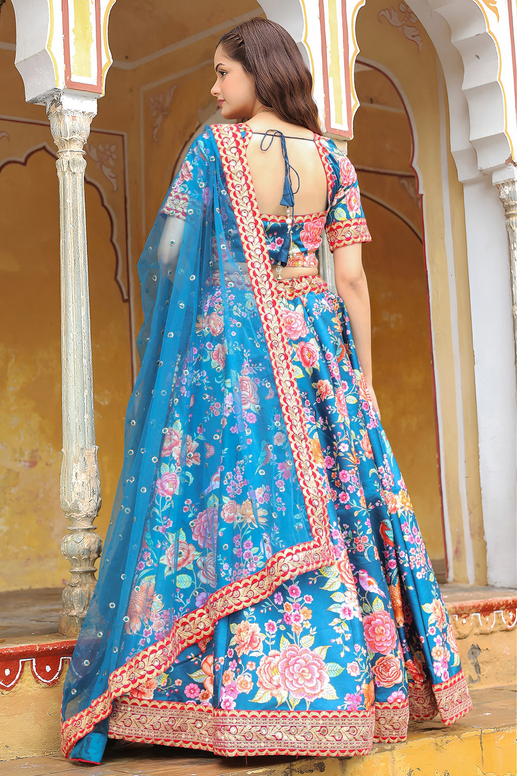 Blue Art Silk Floral Lehenga Choli For Indian & Pakistani Wedding Festival - Zari Work, Sequence Embroidery Work, Print Work